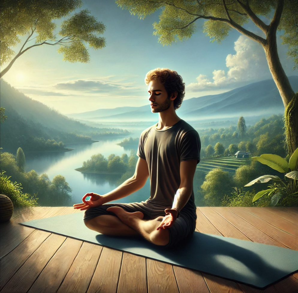 Man practicing mindfulness while doing yoga