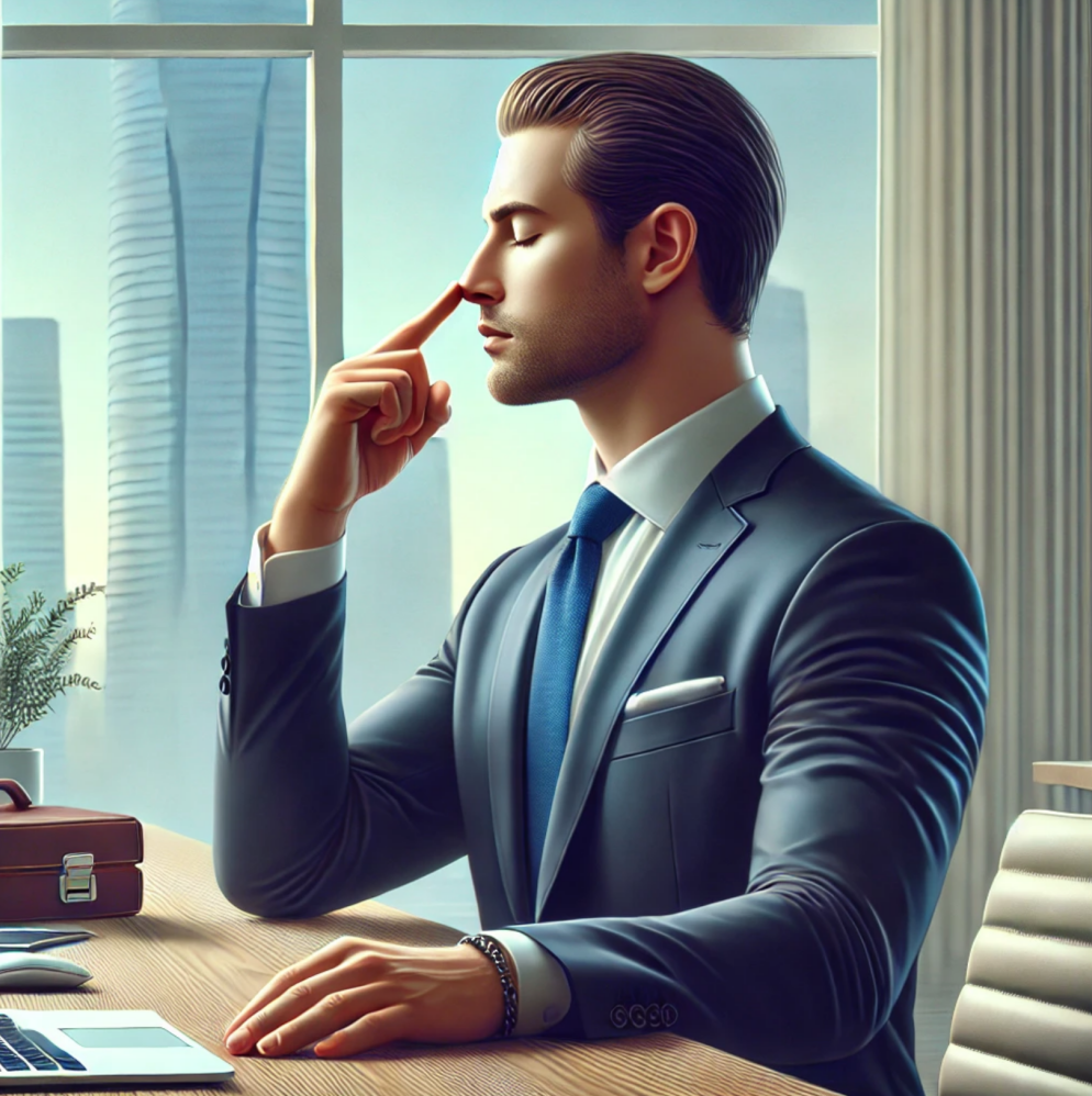 Image of business man doing alternate nostril exercises